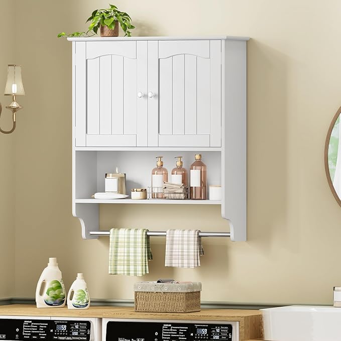 Iwell Bathroom Wall Cabinet, Over The Toilet Storage Cabinet with Towel Rack & Adjustable Shelf, Medicine Cabinet for Bathroo