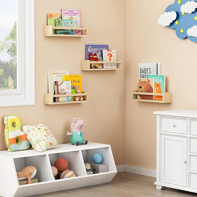 Forbena Natural Wood Nursery Book Shelves Wall Mounted, Floating Bookshelf for Kids Room, Toys and Books Storage Organizer Bo