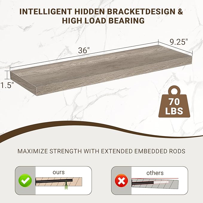 36 Inch Floating Shelves, 3D Textured Wood Grain, 36"x9.25"x1.5" Inch Deep Floating Shelves for Wall, Wooden Shelves for Bath