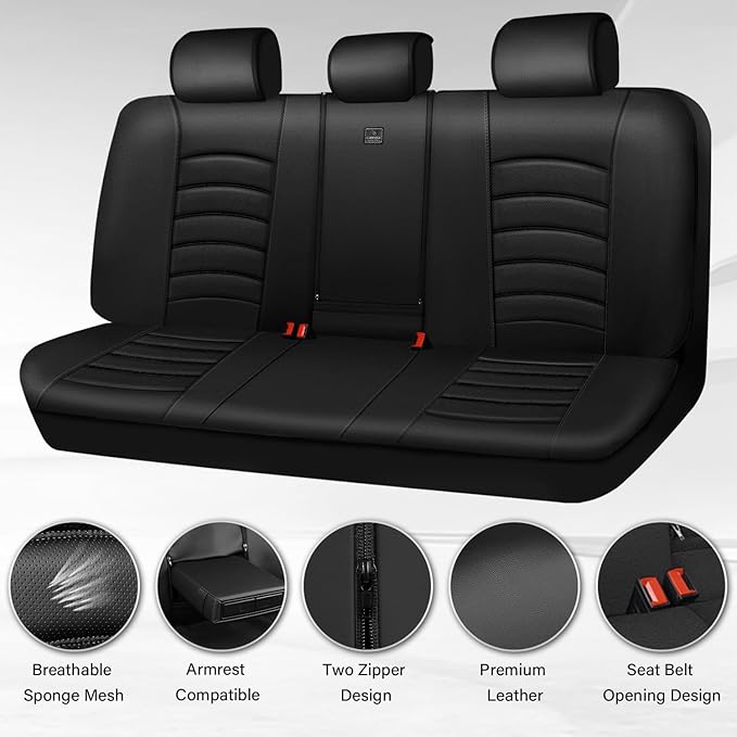 CAR PASS Leather Back Seat Cover, Universal Waterproof Bench Rear Seat Cover Zipper Split Rear Bench Protector Fit 95% Automo