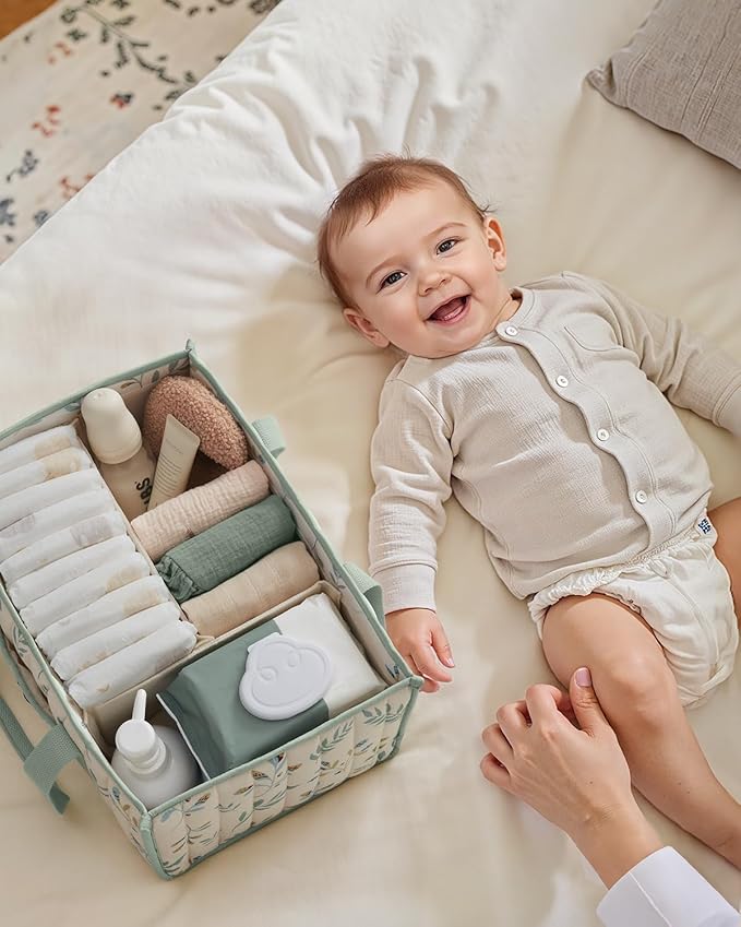 Blissful Diary Leaf Diaper Caddy Organizer, Stylish Nursery Storage Basket, Gift for Baby Shower, Newborn Essentials, Sage Le