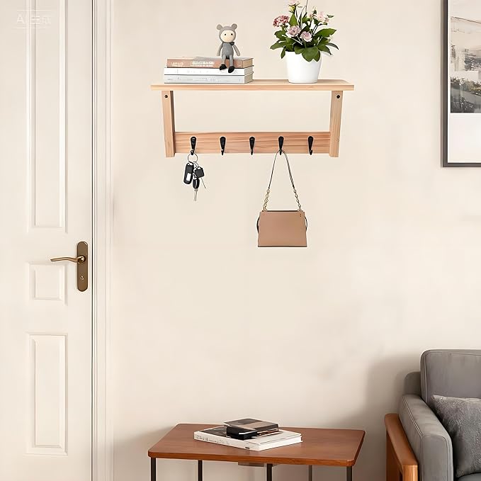Wall Shelf with Hooks, Multi-Purpose Wooden Shelf & Metal Hooks for Home Entryway, Living Room,Office - Heavy Duty Coat Rack 