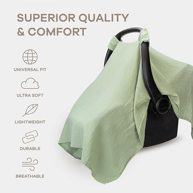Comfy Cubs Baby Car Seat Cover - Soft, Breathable Bamboo Rayon and Muslin Cotton Blend - Lightweight Canopy for Sun, Bug, and