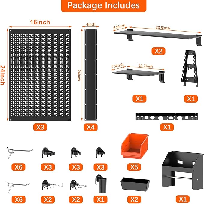 TORACK Metal Pegboard Wall Organizer 4ft Wide, Tool Storage Pegboard System for Garage with Accessories, Wall Mount Storage B