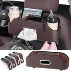 Car Rear Backseat Extra Multifunctional Drink Cup Holder Organizers with Tissue Storage Box Organizer & Hooks for Car Seat Back (Brown)
