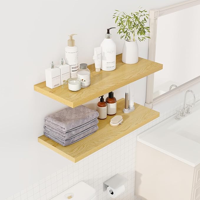 Dreamland 32" Floating Shelves for Wall, 12" Deep Slim Oak Floating Shelves, Wall-Mounted Shelves for Bedroom, Living Room, K