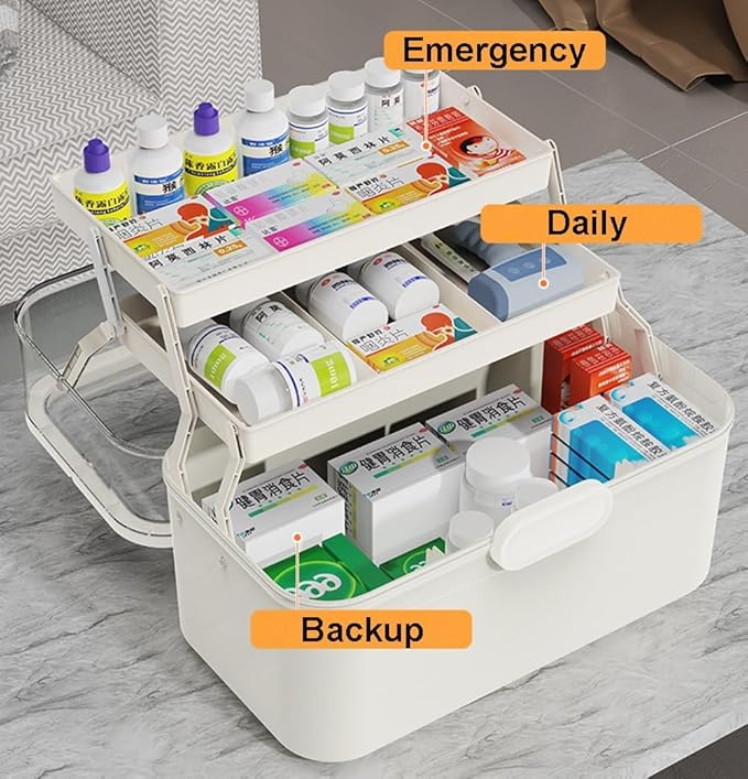 3-Tier 12 x 9 x 7 Medicine Organizer, Medicine Cabinet Organizer with Portable Pill Case, Multipurpose Plastic Box for Storag
