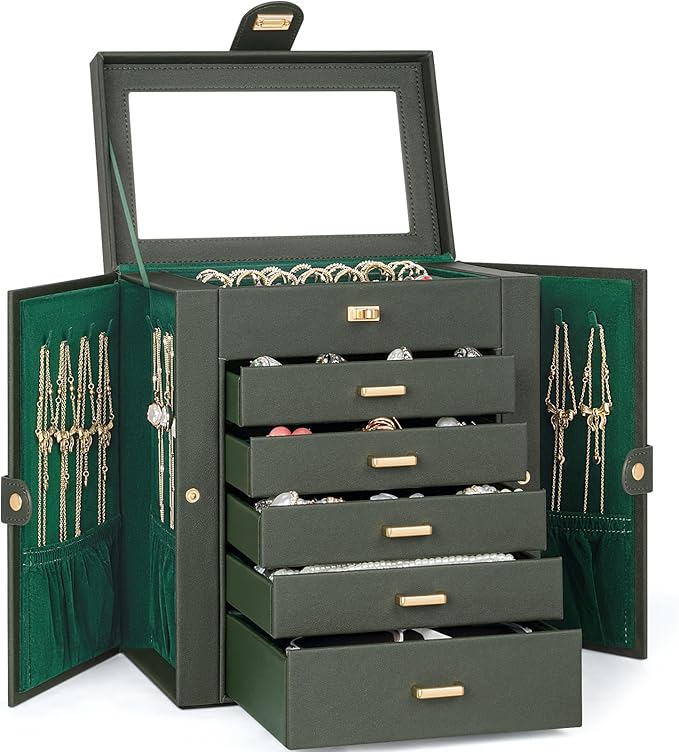 AKOZLIN 6-Tier Jewelry Box Organizer Functional 5 Drawers Leather Jewelry Storage Case for Women Girls Ring Necklace Earring 
