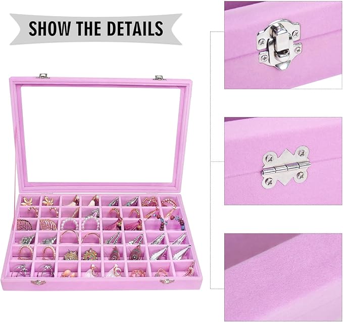 Siveit Velvet Jewelry Tray 48 Grid Jewelry Display Tray Organizer Box with Transparent Lid Rings Earrings Necklaces Pendants 