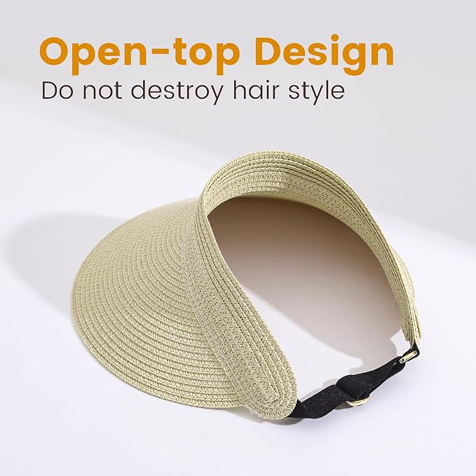 Sun Visor Hat for Women, Wide Brim Straw Summer UV Protection Hat, Foldable Roll-up Packable Beach Cap