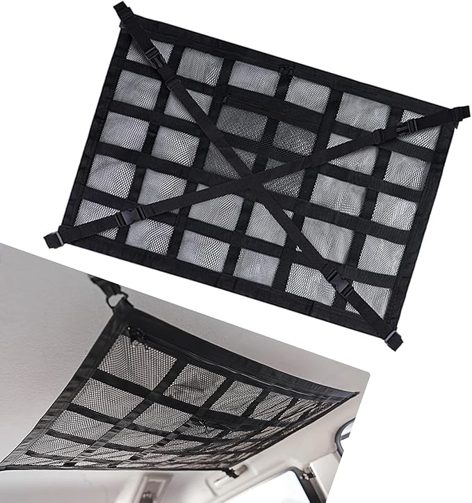 Car Roof Storage Net, Double Layer Mesh Polyester Auto Ceiling Cargo Net, 31.5" x 21.6" Camping Overhead Storage Organizer, Universal for Sedans Jeeps SUVs (Black)