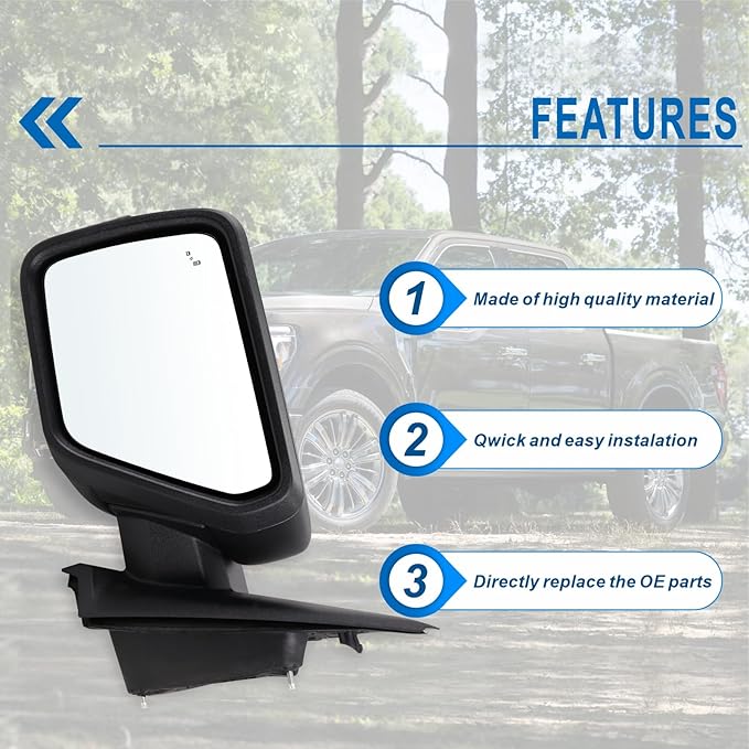 Left Driver Side Mirror Compatible With 2021-2026 Ford F150 With Manual Folding Power Glass Heated Blind Spot Turn Signal Light Matte Black Replace#ML3Z17683TA (9Pins)