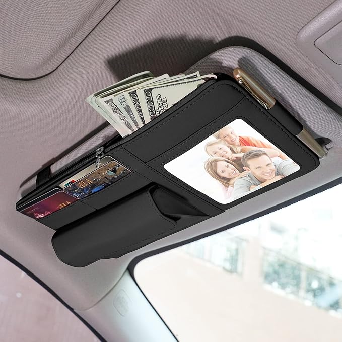 Car Sun Visor Organizer, Visor Organizer Storage Pouch with Picture Frame and Sunglasses Holder, Practical Car Accessory for Organizing Essentials - Black