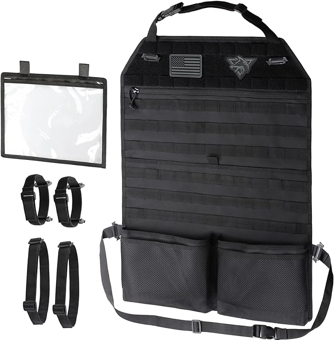 WYNEX Car Seat Organizer, Molle Backseat Cover Organizer Protector with Sling Rack, Visual Pocket and Patch, Universal Vehicle Fits for F150, Jeeps, Pickups & Trucks for Road Trips