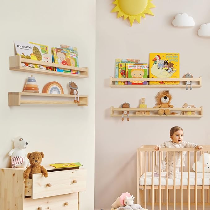 Fun Memories Nursery Book Shelves - Rustic Natural Solid Wood Floating Bookshelf for Kids - Wall Book Shelves for Kids Room (