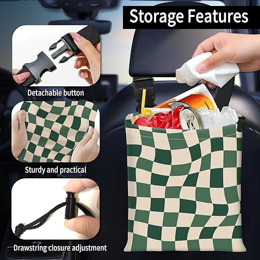 Car Trash Bag Large Hanging Can for Back of Seat, Cute Waterproof Car Garbage Bag for Vehicle, Travelling, Outdoor Cute Abstract Green Checkerboard