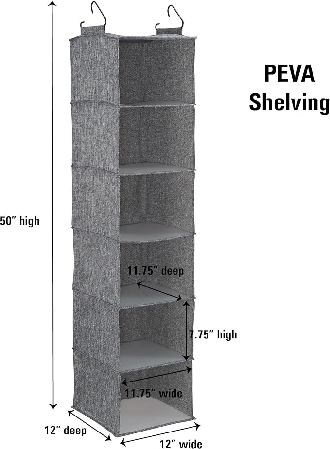Household Essentials 6 Shelf Hanging Closet Organizer, Hanging Closet Shelf, Fabric Poly Linen and PEVA Shelving
