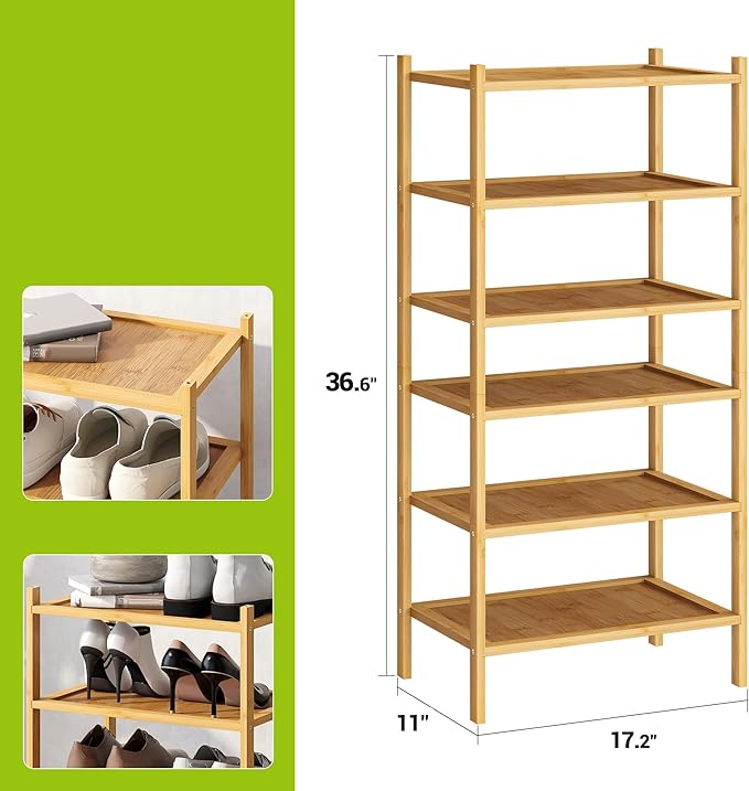 BMOSU 6-Tier Bamboo Small Shoe Rack Premium Stackable Shoe Shelf Storage Organizer for Hallway Closet Living Room Entryway Or