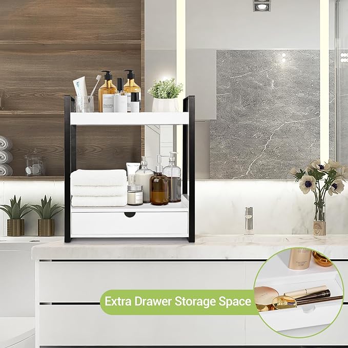 2-Tier Wooden Counter Shelf with Drawer, Vanity Tray for Organization and Decor, Countertop Organizer for Bathroom and Kitche