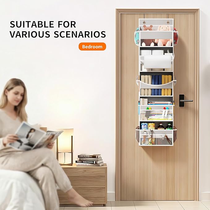 Over the Door Organizer - Behind the Door Storage with Rope for Toilet Paper Storage - Door Organizer Hanging with 5 Spacious