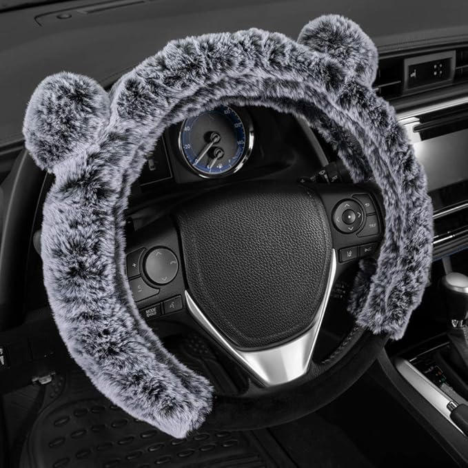 BDK Faux Fur/Wool/Sheepskin Steering Wheel Cover for Women - Cute, Bear Fur, Soft, Fluffy, and Warm, Great for Winter Gray wi