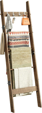 5-Tier Bamboo Ladder Shelf, Farmhouse Style Blanket Ladder, Rustic Decorative Ladder with 4 Removable Hooks, Brown
