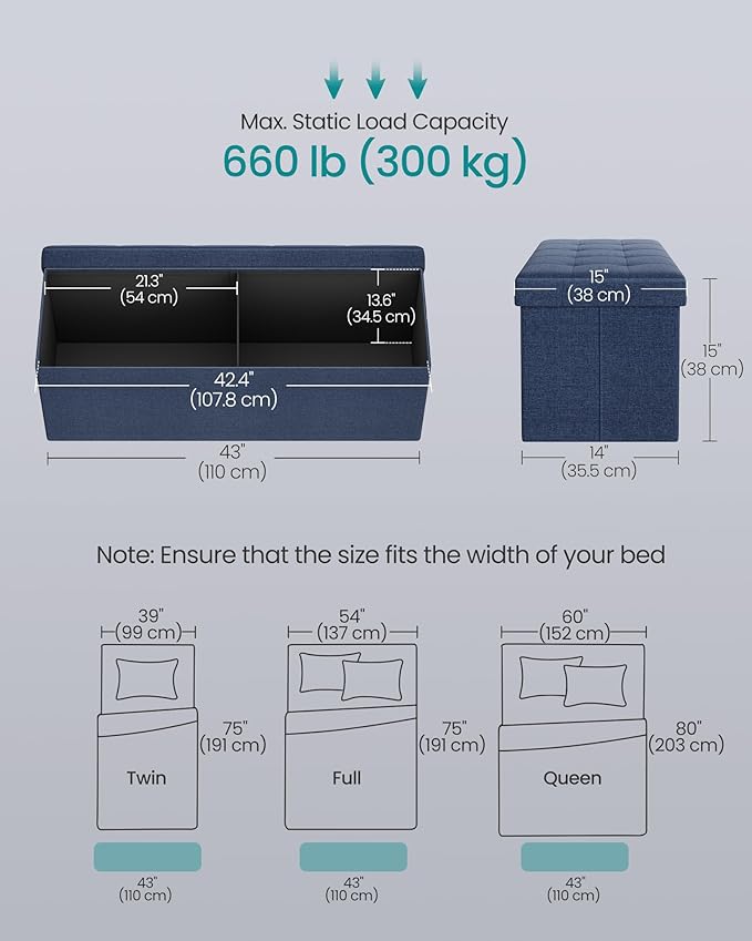 SONGMICS MAZIE Collection - 43 Inches Folding Storage Ottoman Bench, Ottoman Foot Rest, End of Bed Bench, Storage Chest, Load