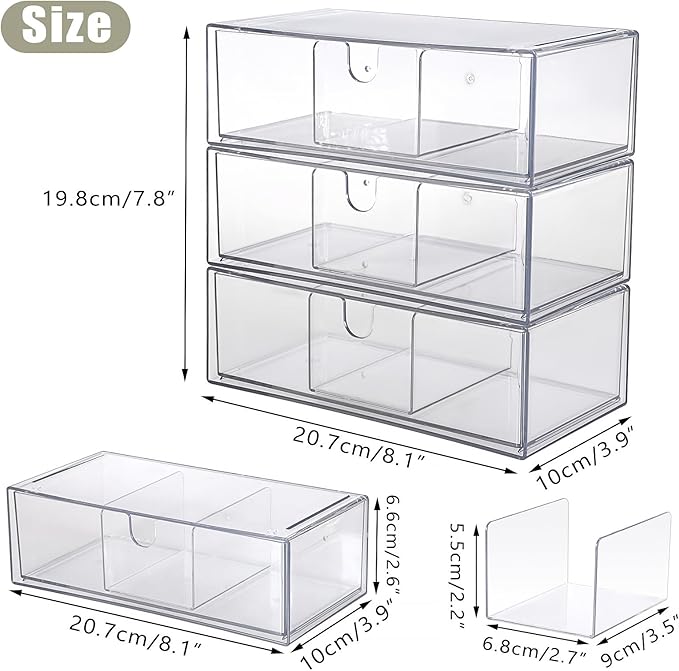 Hipiwe Acrylic Storage Drawers 3-Tier Stackable Bathroom Makeup Organizer Cotton Swabs Qtip Holder for Vanity Cosmetics Clear