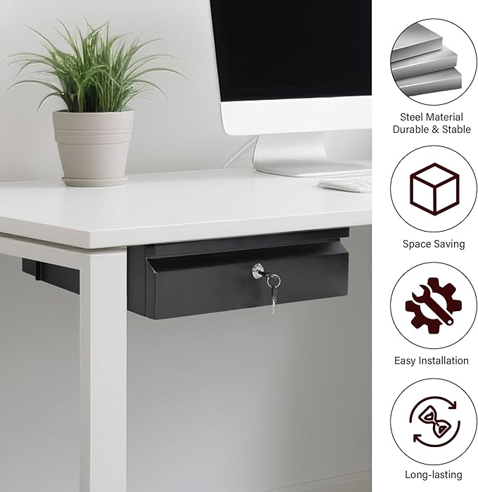 Under Desk Drawer 15.7" x 11.8" x 4.3", Under Desk Pull Out Drawer with Lock and Keys, 4.3” & 7.5” Optional Bracket Height, S