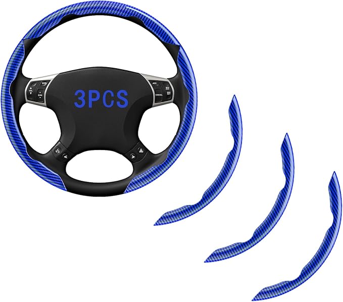 FOAN Steering Wheel Covers, 3PCs Carbon Fiber Anti-Skid Clip on Car Steering Wheel Cover Protector Universal for Most Car, Bl