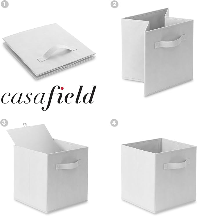 Casafield Set of 6 Collapsible Fabric Cube Storage Bins, White - 11" Foldable Cloth Baskets for Shelves, Cubby Organizers & M
