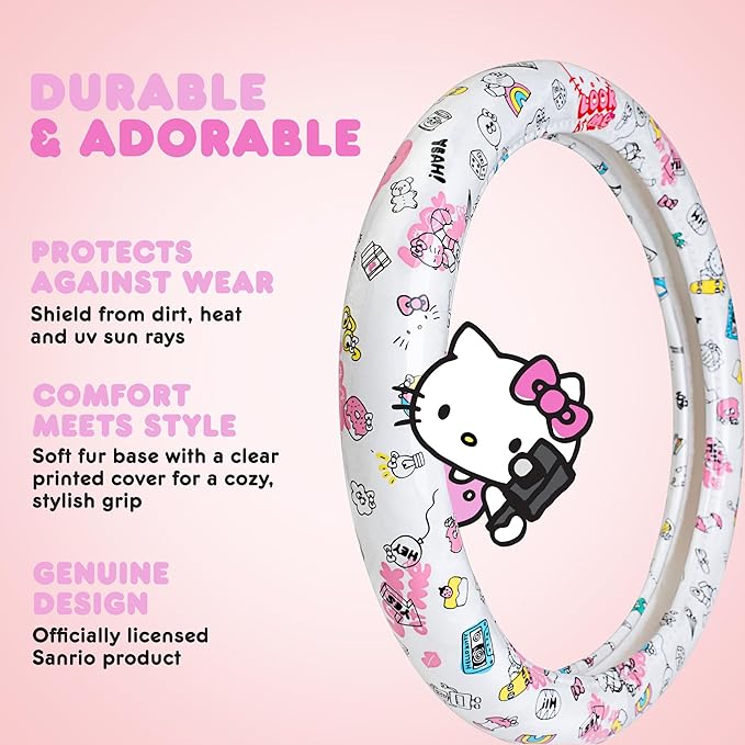 Hello Kitty Steering Wheel Cover, Official Sanrio Car Steering Wheel Cover with Universal Size 14.5-15, Cute White Hello Kitty Car Accessories for Women (Hello Kitty Look at Me)