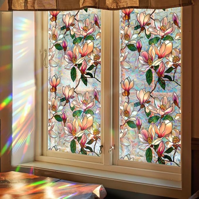 Retro Magnolia Flowers Window Privacy Film,Stained Glass Decals Colorful Floral Privacy Rainbow Decals Living Room Sun Blocking Decor Removable Static Cling Stickers,16.93x39.37inch