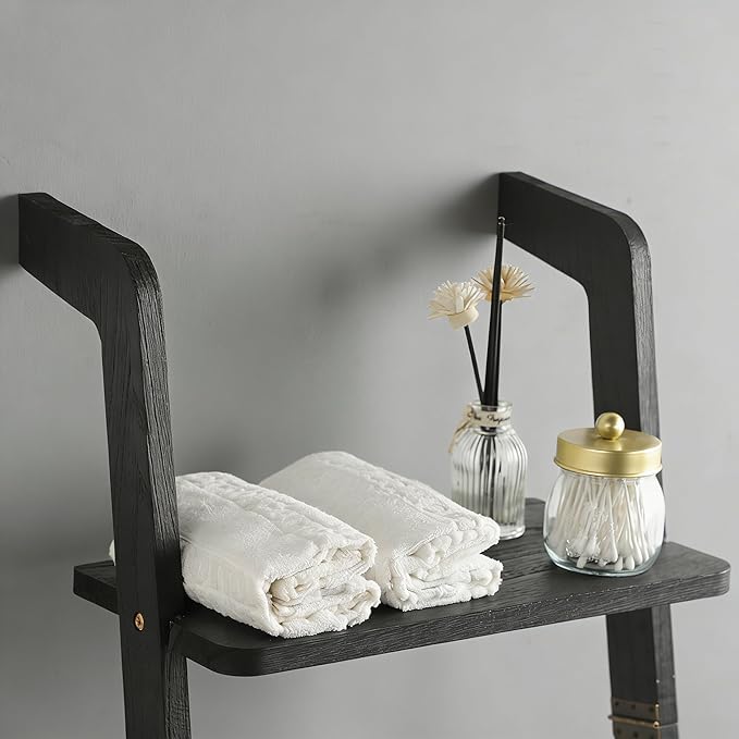 Taozun Black Blanket Ladder with Shelf for Living Room, 67-Inch Wooden 5-Tier Farmhouse Towels and Quilt Rack Decor - Wall Le