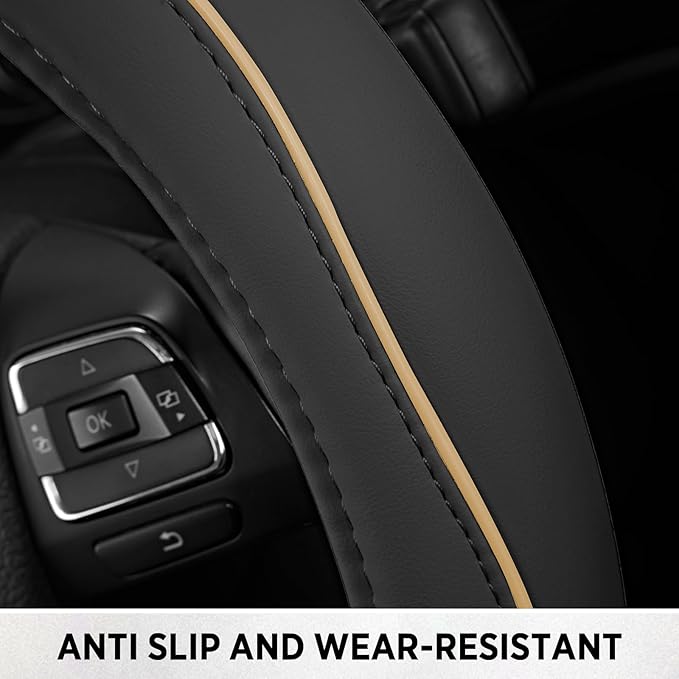Road Comforts Leather Steering Wheel Cover with Decorative Trim and Piping, Anti-Slip Breathable Design, Fits 14.5–15 Inch Ro