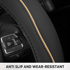 Road Comforts Leather Steering Wheel Cover with Decorative Trim and Piping, Anti-Slip Breathable Design, Fits 14.5–15 Inch Ro