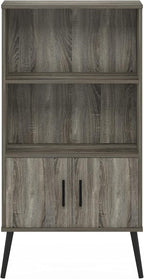 Furinno Claude Mid Century Style Accent Wooden Leg Bookcase Cabinet with Storage Organizer Shelves, French Oak Grey