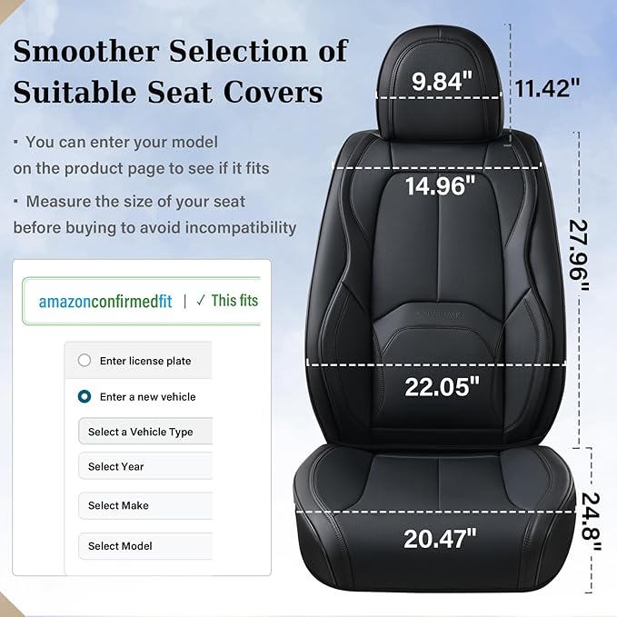 Coverado Automotive Seat Covers, Leather Seat Covers Front Seat, Luxury Car Seat Covers with Lumbar Support, Front Driver Sea