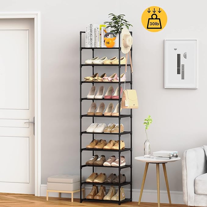 Narrow Shoe Rack 10 Tiers Tall Shoe Rack for Entryway 20 24 Pairs Shoe & Boots Organizer Storage Shelf Durable Black Metal St