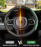 XCBYT Steering Wheel Cover - Green Leather Steering Wheel Wrap Great Grip with 3D Honeycomb Quick and Effortless Installation