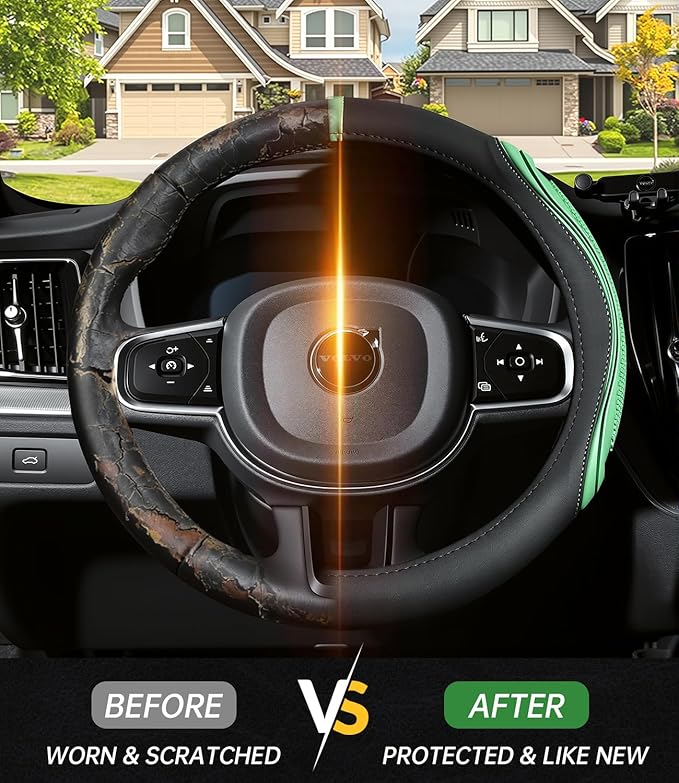 XCBYT Steering Wheel Cover - Green Leather Steering Wheel Wrap Great Grip with 3D Honeycomb Quick and Effortless Installation
