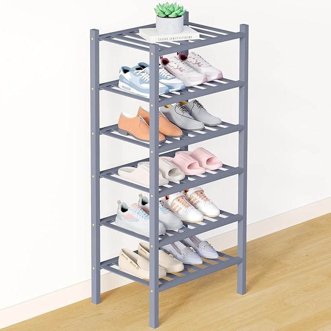 Smiry Bamboo Shoe Rack for Closet, 6 Tier Small Wooden Stackable Shoe Organizer, Free Standing Shoes Storage Shelf for Entryw