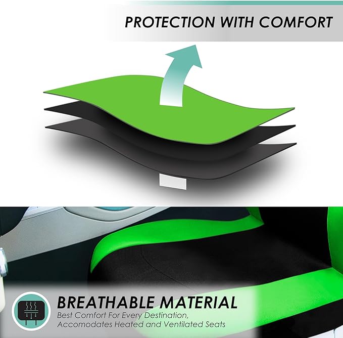 Automotive Seat Covers Green Universal Fit Combo Set with Steering Wheel Cover and Seat Belt Pad fits most Cars, SUVs, and Tr