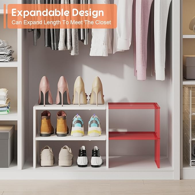 2 Pack Expandable White Shoe Rack Organizer for Closet, 2-Tier Stackable Shoe Storage Shelf, Small Iron Wood Combination Shoe