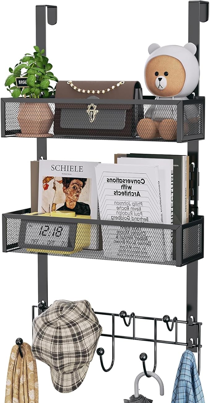 HapiRm Over The Door Hanger with Coat Hooks and 2 Baskets, Rustproof & Waterproof Over The Door Hooks, Storage Organizer for 