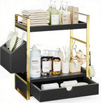 2-Tier Bathroom Counter Organizer with Drawer and Basket, Wood Countertop Organizer for Storage, Skincare Organizers for Vani