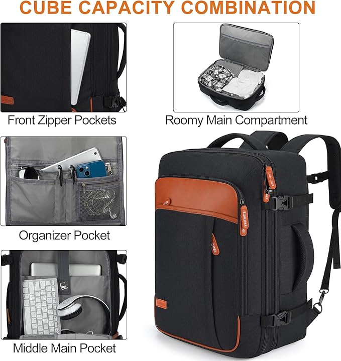 Lumesner Carry on Travel Backpacks, Extra Large 40L Flight Approved Bag for Men & Women,Expandable Suitcase Backpack With 4 P