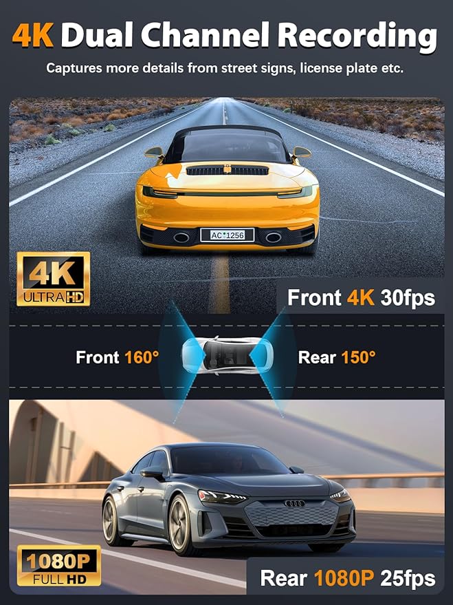 Dash Cam Front and Rear 4K+1080P, Free 64GB Card, Built-in WiFi, Dash Camera for Cars, Car Camera, Dual Dashcams for Cars wit