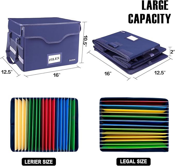 DocSafe Fireproof Document Box with Lock, File Storage Organizer with Mesh Pockets, Collapsible Portable File Box Home Office