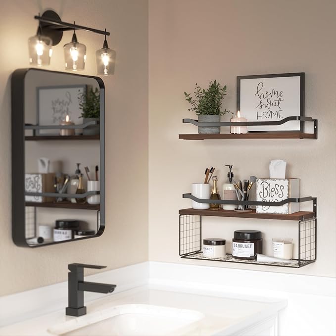 WOPITUES Floating Shelves with Wire Storage Basket, Bathroom Shelves Over Toilet with Protective Metal Guardrail, Wood Wall S